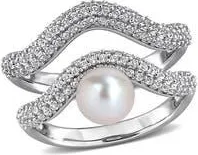 Delmar Set of 2 Sterling Silver Pav&eacute; White Topaz & Cultured Pearl Wavy Band Rings at Nordstrom Rack