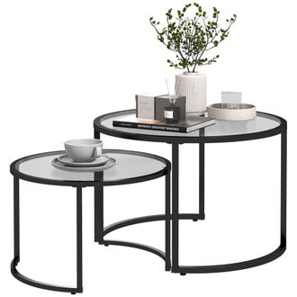 HOMCOM Glass Coffee Table Set Of 2 - Round Nest Of Tables For Living Room | TJ Hughes