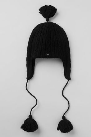 Alo | Cable Knit Winter Bliss Earflap Beanie Hat in Black