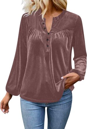Generic Jumpers for Women Uk Ladies Velvet Button Up V Neck Velour Tops Swing Long Sleeve Tunic Blouse Elegant Soft Henley Shirt Sweaters Evenings Out Special