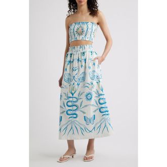 Cleobella Sylvan Smocked Cotton & Linen Top & Skirt Set in Lunada Print at Nordstrom, Size X-Large