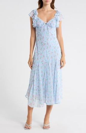 Lush Floral Flutter Sleeve Flare Hem Midi Dress in Blue Pink at Nordstrom Rack, Size Medium