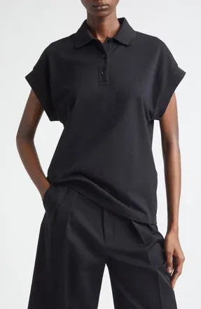 Saint Laurent Cotton Blend Cap Sleeve Polo in Noir at Nordstrom, Size X-Small