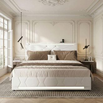 OEM Cama Lit 160 X 200 Cm Con Somier - Led Y Usb - Cama Doble - Cama 160 X 200 Con Almacenamiento Debajo De La Cama