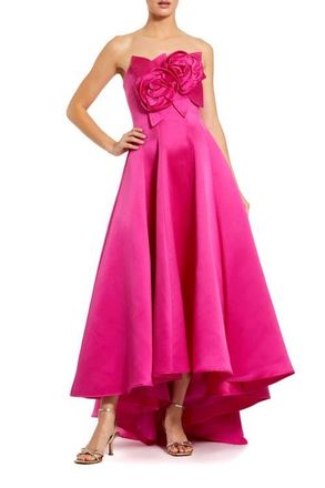 Mac Duggal Strapless Satin High Low Gown With 3D Flowers in Hot Pink at Nordstrom, Size 10