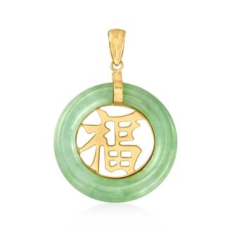 Ross-Simons Green Jadeite Jade Blessing Chinese Fu Symbol Circle Pendant in 14kt Yellow Gold