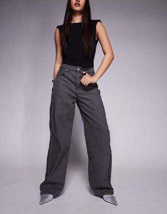 Liquor & Poker Jeans comodi neri a vita medio alta con occhielli con strass-Nero