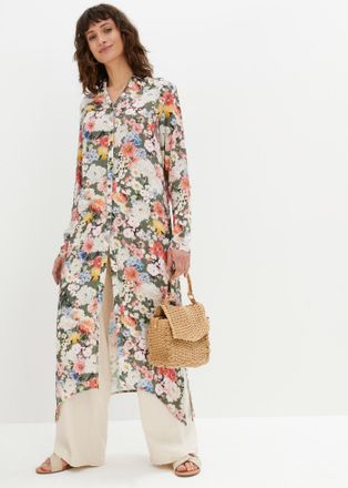 Bonprix Longbluse BONPRIX Longbluse aus fliessender Viskose, Damen, Gr. 50, gr&uuml;n (oliv gebl&uuml;mt), Obermaterial: 100% Viskose, A-Linie, Blusen Longbluse, in A-L