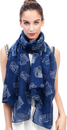 Lina & Lily Vintage Camera Print Womens Scarf Shawl Wrap Lightweight (Blue)