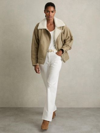 Reiss Mona Jacket Leather Plain, Light Green Size: XS