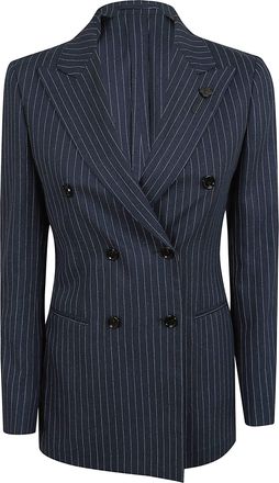 Lardini Double-Breasted Blue Pinstriped Linen Jacket with Wide Lapel