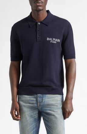 Balmain Paris Intarsia Merino Wool Polo in Navy/Natural at Nordstrom, Size Xx-Large
