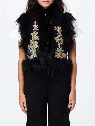 Fendi Gilet in lana vergine con collo in pelliccia e ricamo floreale