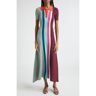 Christopher John Rogers Bowling Colorblock Stripe Rib Polo Sweater Dress in Sage Multi at Nordstrom, Size X-Small