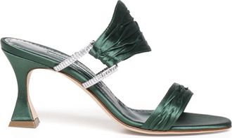 Manolo Blahnik Groene satijnen muiltjes met kristallen gespen - Dames - Muiltjes - Groen - 35 EU - Satijn - Schoenen