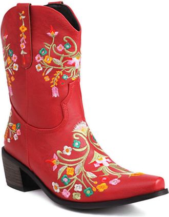 Generic Womens Mid-Calf Cowboy Boots with Embroidery Details, Wide Shaft Pull-On Design for Country Style,Red,5.5 UK