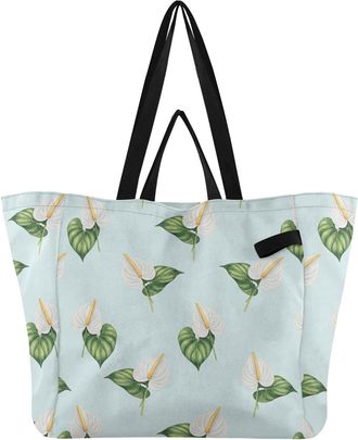 Generic Tropical Flower Leaf Blue print Reusable Canvas Tote Bag, Heavy Duty Grocery Shopping Bag with Hard Bottom Large Capacity Double Handles Work Grocerie