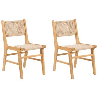 Beliani Beliani - Conjunto De 2 Sillas De Comedor Estructura De Madera De Caucho Asiento Y Respaldo De Cuerda De Papel Comedor Boho Beige Ozella