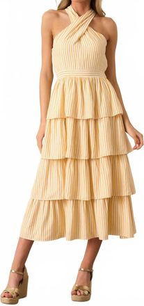 Skies Are Blue Clothing Krista Stripe Halter Tiered Midi Dress In Yellow