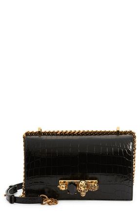 Alexander McQueen Alexander McQueen Jewelled Knuckle Croc Embossed Leather Crossbody Bag in Black at Nordstrom