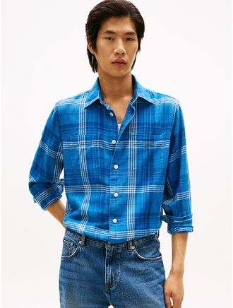 Tommy Hilfiger Mens Relaxed Fit Plaid Slub Cotton Shirt - Blue - XL