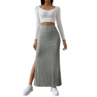 Generic Knitted Skirts For Women Uk | Black Jersey Skirt Long Skirts Slim Winter Skirt High Waist Midi Skirts Side Slit Pencil Skirts Solid Color Wrap Skirt R