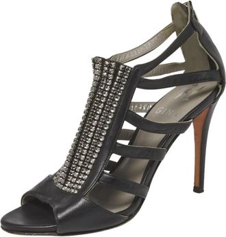 Gina Black Leather Crystal Embellished Sandals