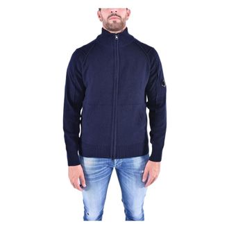 C.P. Company Wool Zip Cardigan with Ribbed Details - male - C.P. Company - Turtlenecks - Blue - XL - Knitwear