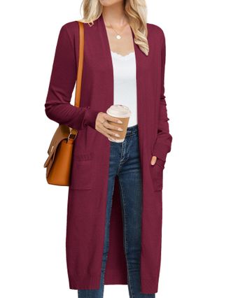 Grace Karin Womens 2025 Trendy Long Cardigans Sweater Lightweight Open Front Long Sleeve Maxi Duster Coats with Pockets, Burgundy, XL