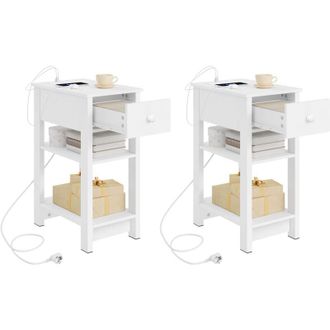 Woltu Set di 2 Comodini con Prese Integrate e Porte Usb, Mobiletto Salvaspazio per Piccoli Spazi, Camera da Letto, Soggiorno, Bianco - Woltu