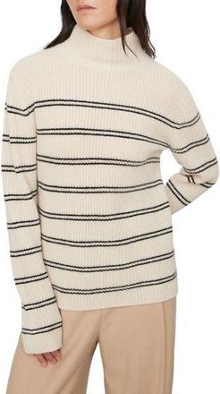 Vince Stripe Shaker Stitch Wool Blend Mock Neck Sweater in Heather Ecru/Black at Nordstrom Rack, Size X-Large