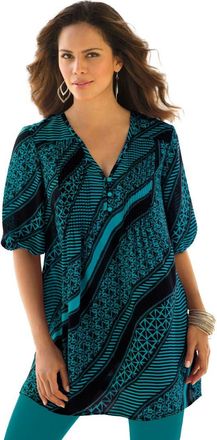 Roaman's Printed Y Neck Georgette Top in Tropical Teal Mixed Geo at Nordstrom, Size 34