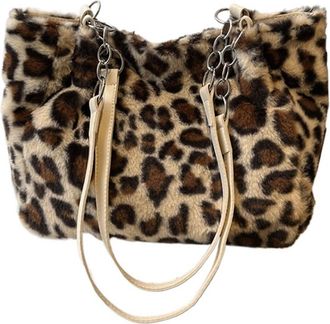 Generic Womens Plush Bags Women Leopard Tote Bag Lady Fluffy Shoulder Chain Large Capacity Commuter Handle(Color1)