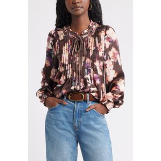 Treasure & Bond Pintuck Satin Top in Brown Flower Wash at Nordstrom Rack, Size Xx-Small