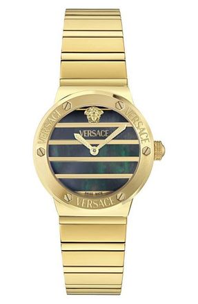 Versace Greca Logo Mother-of-Pearl Bracelet Watch, 33mm in Black/yellow-Gold at Nordstrom