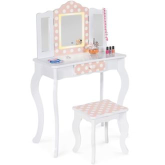 IDMarket Tavolino per bambini a LED bianco e rosa ROZA con 3 specchi e sgabello