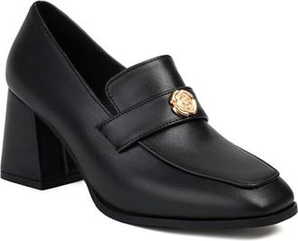 Generic Womens PU Leather Loafer Pumps Gold Emblem Detail Square Toe Chunky Block Heel Non Slip Durable Comfortable Fashion Daily Shoes,Black,7.5 UK