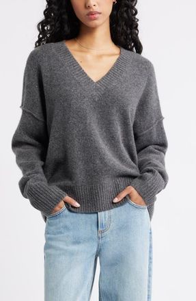 BP. Oversize Cozy V-Neck Sweater in Grey Medium Charcoal Heather at Nordstrom, Size Xx-Small