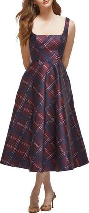The Dessy Group Alba Tartan Square Neck Midi Cocktail Dress in Cabernet Midnight at Nordstrom, Size 16