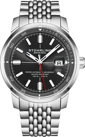 St&uuml;hrling Mens Trackmaster 1026 Automatic Mens 42mm - Black & Silver Stainless Steel - One Size