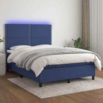vidaXL Cama Box Spring Colch&oacute;n Y Luces Led Tela Azul 140x190 Cm Vidaxl