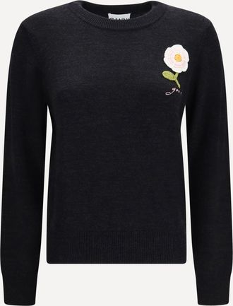 Ganni Wool Sweater with crochet flower Female XS