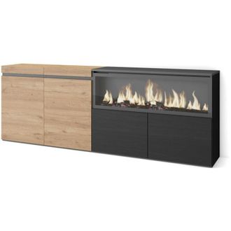 Skraut Home Aparadores Para Sal&oacute;n, Gran Capacidad De Almacenaje, 210, 4 Puertas, Chimenea El&eacute;ctrica Xxl, Estilo Moderno, Roble Y Negro - Skraut Home