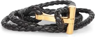 Tom Ford Gevlochten leren armband met goudkleurig logo - Heren - Armbanden - Bruin - M - Leer - Accessoires
