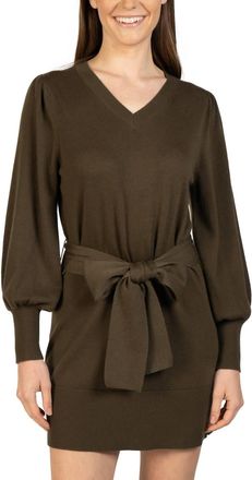 Love Token Short Knit Mini Sweater Dress With Tie In Olive