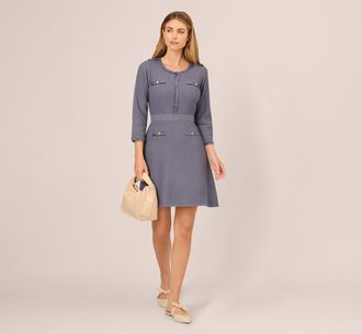 Adrianna Papell Three Quarter Sleeve Waffle Knit Short Dress In Dusty Blue