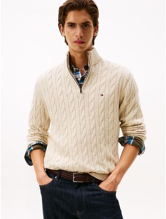 Tommy Hilfiger Mens Cable Knit Quarter-Zip Sweater - Beige - XS