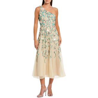 Mac Duggal Floral Embellished Mesh One Shoulder Midi Dress in Nude Multi at Nordstrom, Size 10