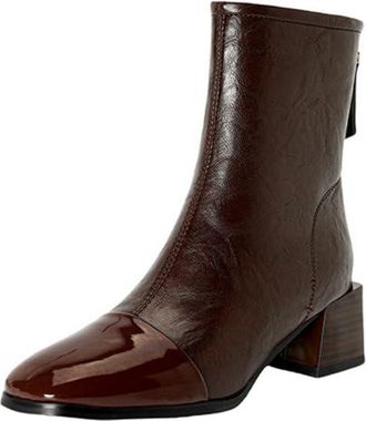 Generic Womens Patent Leather Ankle Boots Square Toe Mid Block Heels Back Zipper Comfortable Non Slip Wear Resistant Daily Casual Office Shoes,Brown,4.5 UK