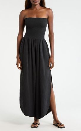 Elan Strapless Smocked Bodice Cotton Gauze Cover-Up Jumpsuit in Black at Nordstrom, Size X-Small